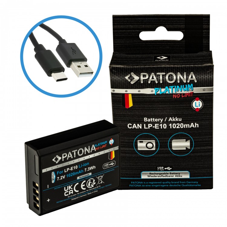 Acumulator Patona Platinum LP-E10, 1020mAh, incarcare port USB-C, pentru Canon EOS 1100D, EOS 1200D, 1300D, 2000D, 4000D