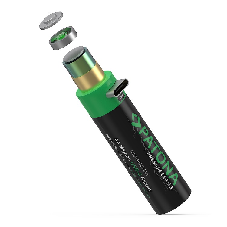 Set 4 bucati, acumulatori AA Patona Premium USB-C, reincarcabili, descarcare lenta, 2000mAh 1,5V, include cablu de incarcare