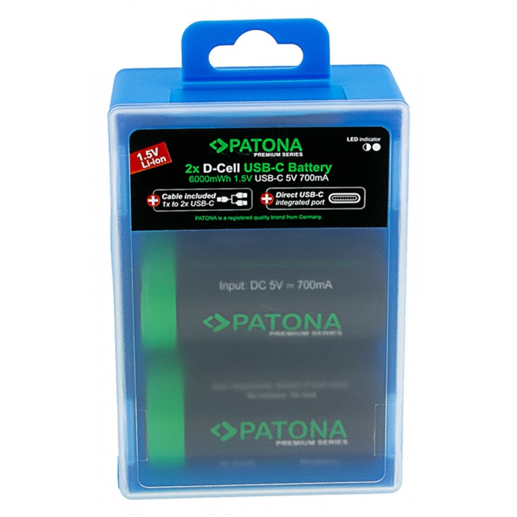 Set 2 acumulatori LR20 Patona Premium USB-C, reincarcabili, descarcare lenta, 4000 mAh 1.5V, include cablu de incarcare