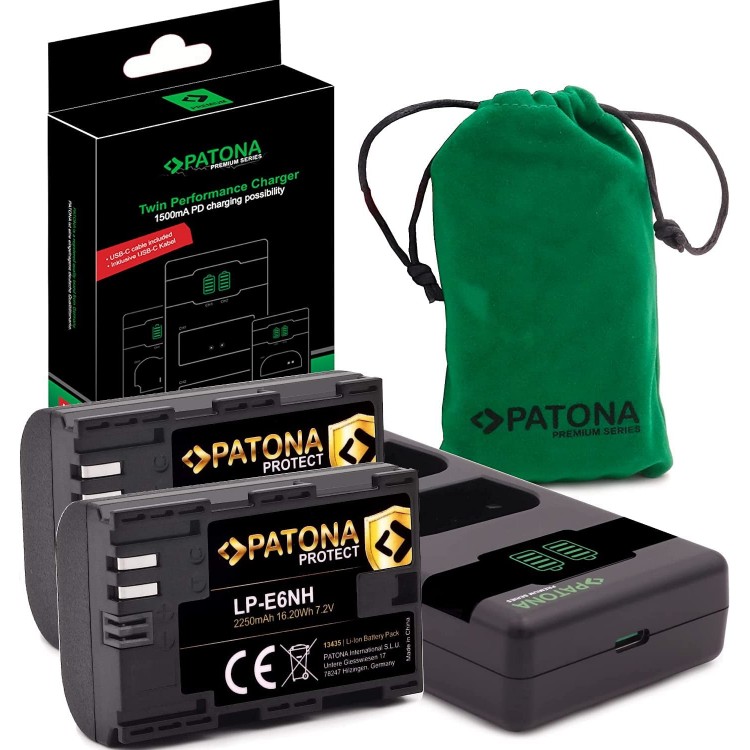 Pachet Incarcator Dual LCD PD Performance, 2x Acumulator Patona Protect cu senzor NTC pentru Canon LP-E6NH, 2250 mAh