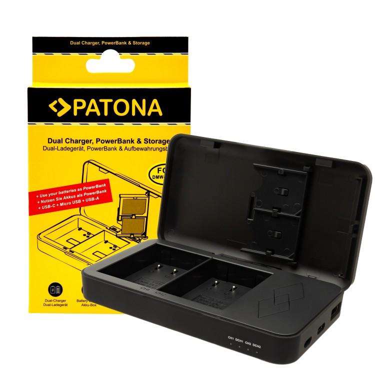 Incarcator Dual USB Patona DMW-BLK22 cu functie Power Bank si spatiu pentru 2x carduri SD pentru Panasonic DC-S5 G9 GH5 GH5S GH6
