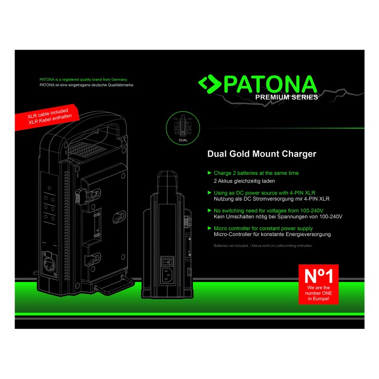 Incarcator DUAL Patona Premium Gold Mount pentru Panasonic AN-190W BL-BP150 BP-150S cu cablu XLR cu 4 pini