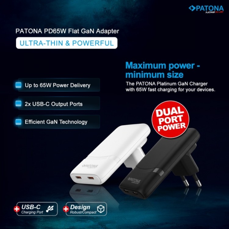 Incarcator plat PATONA Platinum GaN PD65W, 2x USB-C PD3.0 QC3.0, Negru