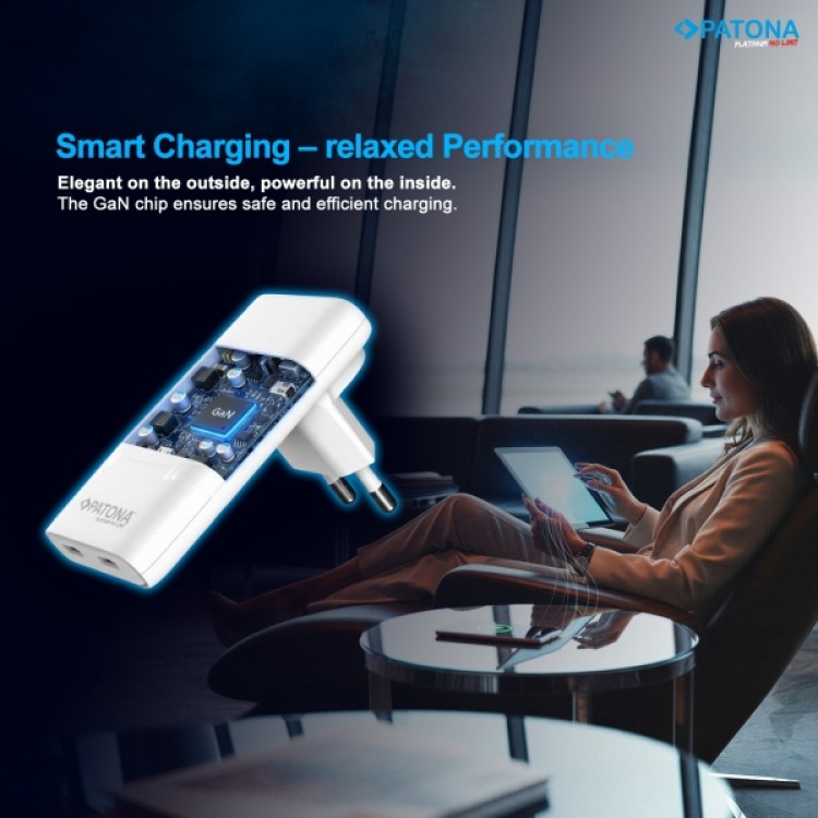 Incarcator plat PATONA Platinum GaN PD65W, 2x USB-C PD3.0 QC3.0, Negru