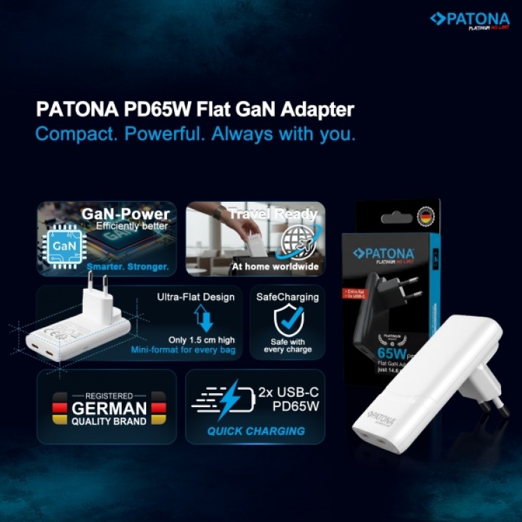 Incarcator plat PATONA Platinum GaN PD65W, 2x USB-C PD3.0 QC3.0, Negru