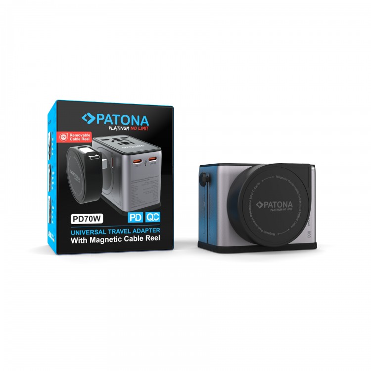 Adaptor Universal de Calatorie PATONA Platinum PD 70W, 3x USB-C + USB-A, Incarcare Rapida, Cablu Magnetic Retractabil Integrat, Compatibil EU/US/UK/AU, pentru Laptop, Telefon, Tableta si Accesorii