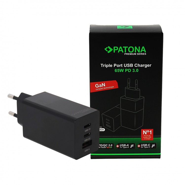 Incarcator Patona Premium GaN PD65W Adaptor 2xUSB-C 1xUSB-A PD3.0 QC3.0 - 2640