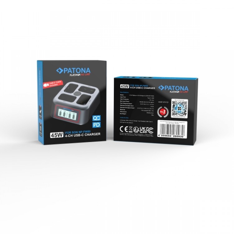 Încărcător rapid Patona Platinum USB-C PD QC cu 4 porturi, pentru baterii Sony NP-FW50, 45W, compact, 9, 01x8, 02x3, 23cm