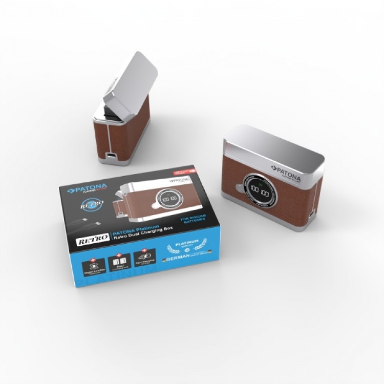 Carcasa de încărcare duală Patona Platinum Retro USB-C pentru acumulatori Nikon EN-EL15, gri cu finisaj texturat, dimensiuni 10, 36x7, 64x4, 14cm