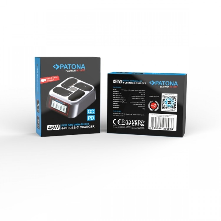 Incarcator rapid PATONA Platinum USB-C PD QC cu 4 porturi pentru Panasonic DMW-BLK22