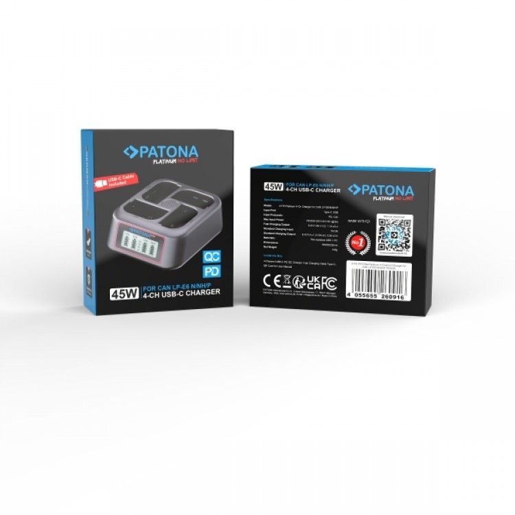 Încărcător rapid Patona Platinum USB-C cu 4 porturi, 45W, pentru baterii Canon LP-E6, dimensiuni 9, 01x8, 02x3, 23cm