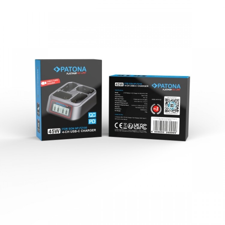 Încărcător rapid Patona Platinum USB-C PD QC 4 canale, 45W, pentru baterii Sony NP-FZ100, 9, 01x8, 02x3, 23cm