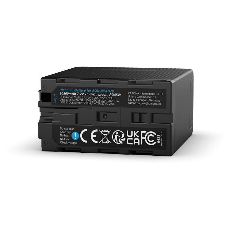 Acumulator PATONA Platinum NP-F970, 10500mAh, PD 45W, Functie Power Bank, include carcasa depozitare/transport, cablu USB-C, Compatibil Camere Video/Lapi LED studio