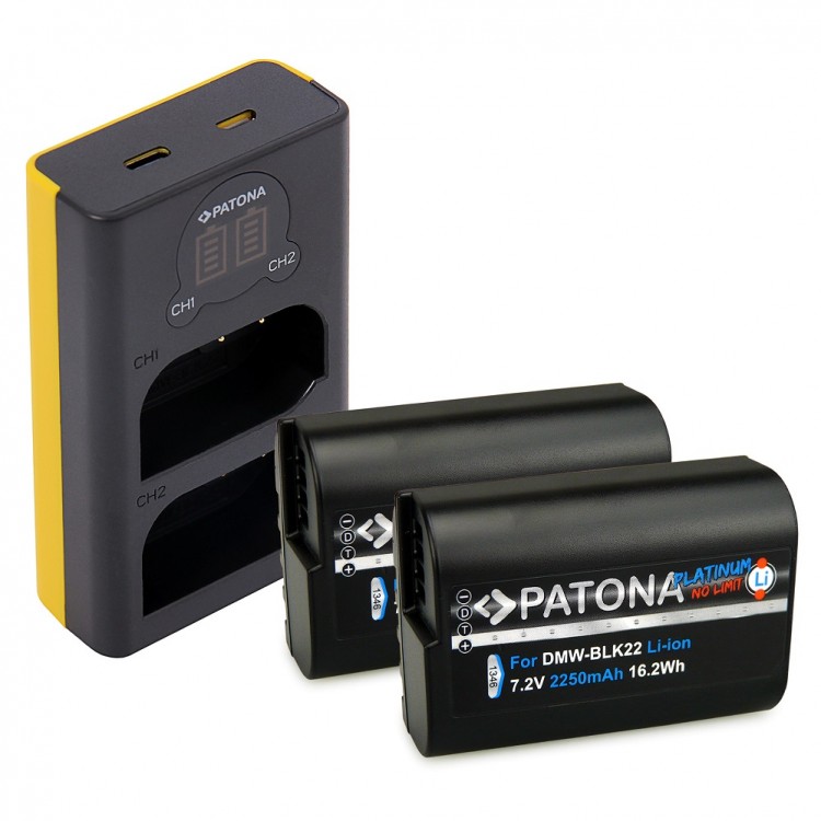 Pachet Incarcator Dual LCD USB si 2x Acumulator Patona Platinum Panasonic DMW-BLK22