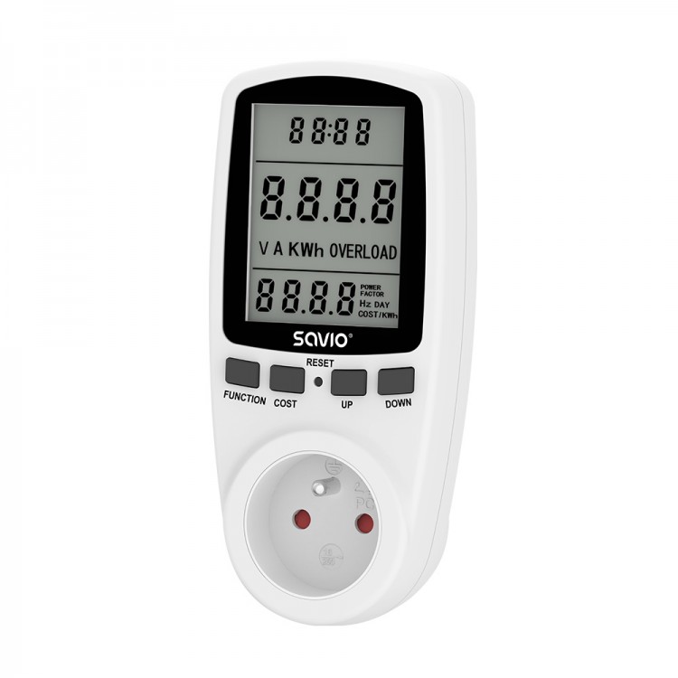 Priza cu contor de energie Savio AE-01, afisaj digital LCD, monitorizare consum de energie, putere maxima 3680 W, alb