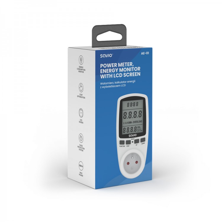 Priza cu contor de energie Savio AE-01, afisaj digital LCD, monitorizare consum de energie, putere maxima 3680 W, alb