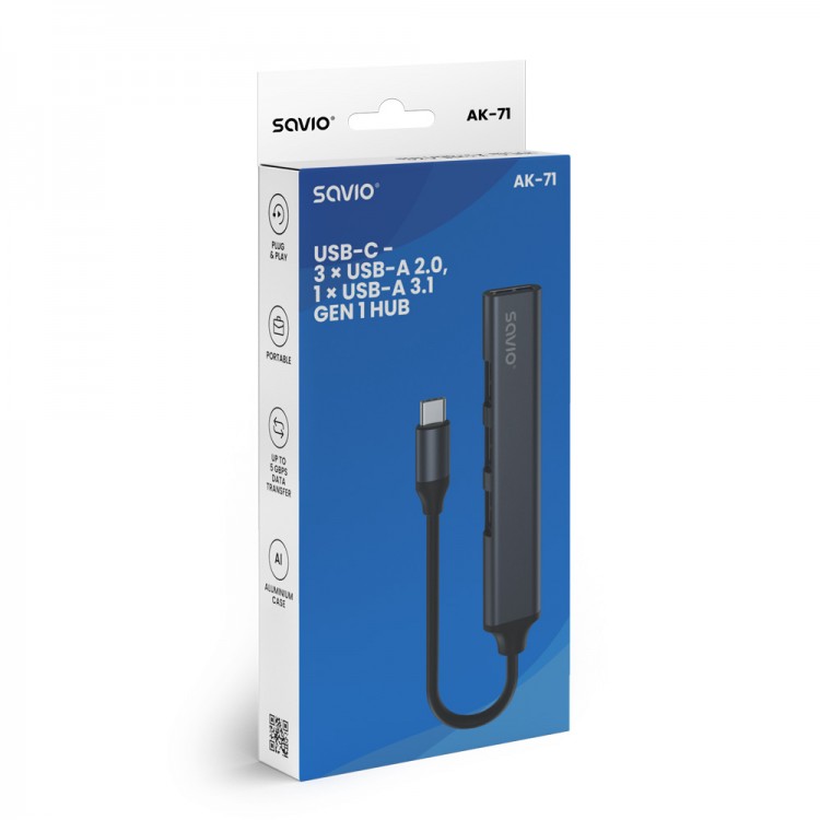 Hub USB Type-C Savio AK-71, 3 x USB-A 2.0, 1 X USB-A 3.1, Carcasa Aluminiu