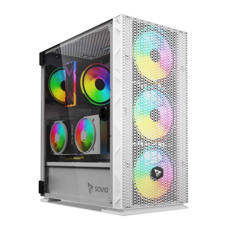 Carcasa Gaming, SAVIO Raptor X1, Mesh / Tempered Glass, ARGB, Mid-Tower, fara sursa, ATX, Alb
