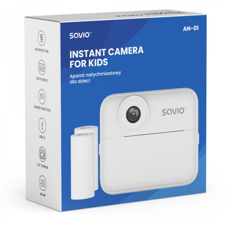 Aparat Foto Instant pentru Copii SAVIO AN-01, printare termica Alb-Negru, include 2 role termice