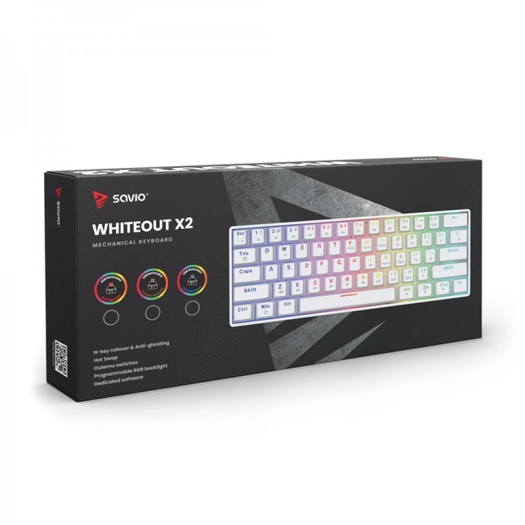 Tastatura Mecanica Gaming, Savio Whiteout X2, Switch Outemu RED, iluminare RGB, Alb