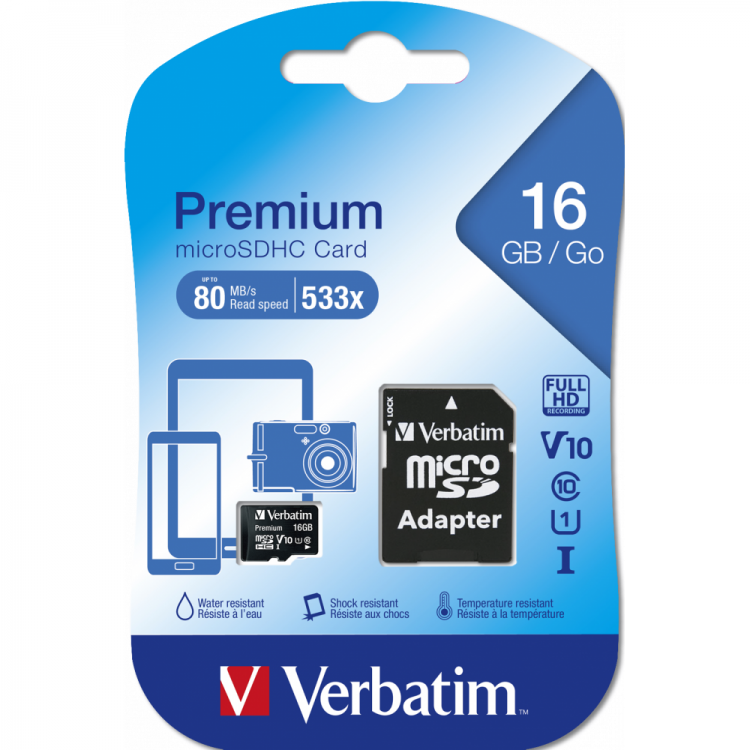 Card de memorie premium microSDHC de 16 GB cu adaptor, UHS-I V10 U1 Clasa 10