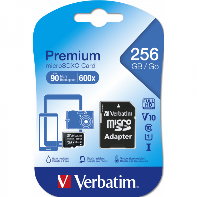 Card de memorie premium microSDHC de 256 GB cu adaptor, UHS-I V10 U1 Clasa 10