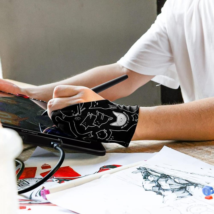 Manusa anti-frecare, XPPen Artist SE, Manusa de artist cu doua degete si imprimeu pisica, potrivita pentru mana dreapta si stanga