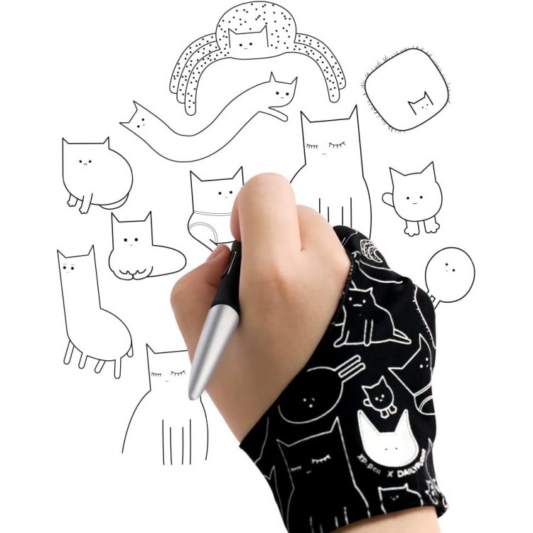 Manusa anti-frecare, XPPen Artist SE, Manusa de artist cu doua degete si imprimeu pisica, potrivita pentru mana dreapta si stanga