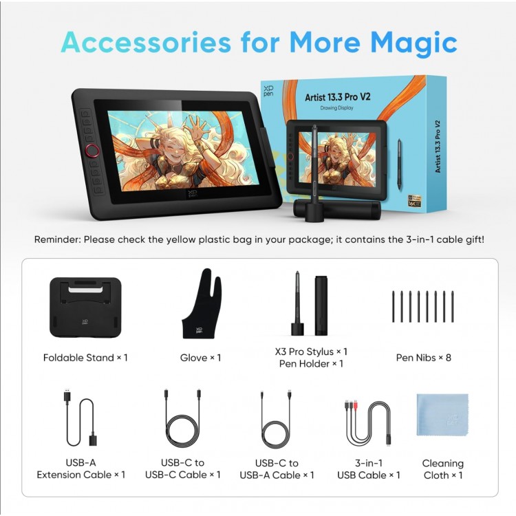 Tableta grafica XP-PEN Artist 13.3 Pro V2, 16K X3 Pro Smart Chip Stylus, 99% sRGB, IPS, 16:9, 1920 x 1080, 5080 LPI, PS 16384, 200 RPS, include stand portabil si cablu 3-in-1