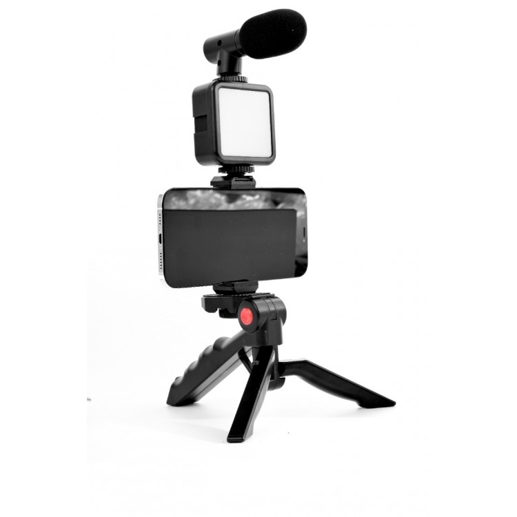 Kit vlogging Green.L, pentru aparat foto/smartphone, include microfon, lampa led, trepied, telecomanda, suport telefon