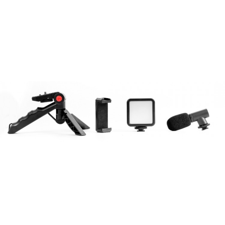Kit vlogging Green.L, pentru aparat foto/smartphone, include microfon, lampa led, trepied, telecomanda, suport telefon