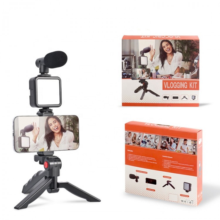 Kit vlogging Green.L, pentru aparat foto/smartphone, include microfon, lampa led, trepied, telecomanda, suport telefon