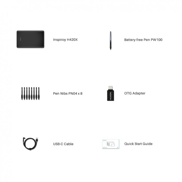 Tableta grafica, HUION Inspiroy H420X ,4.17x2.6", OSU, 300 PPS, 8192 niveluri presiune, PW100 Pen fara baterie, Compatibil cu Chromebook, Mac, PC sau Android Mobile, include 8 varfuri rezerva