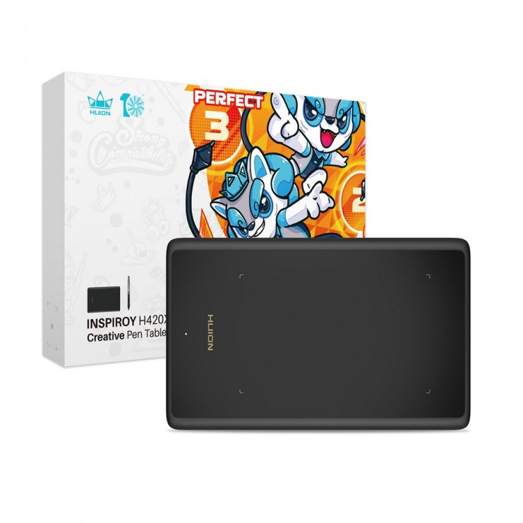 Tableta grafica, HUION Inspiroy H420X ,4.17x2.6", OSU, 300 PPS, 8192 niveluri presiune, PW100 Pen fara baterie, Compatibil cu Chromebook, Mac, PC sau Android Mobile, include 8 varfuri rezerva
