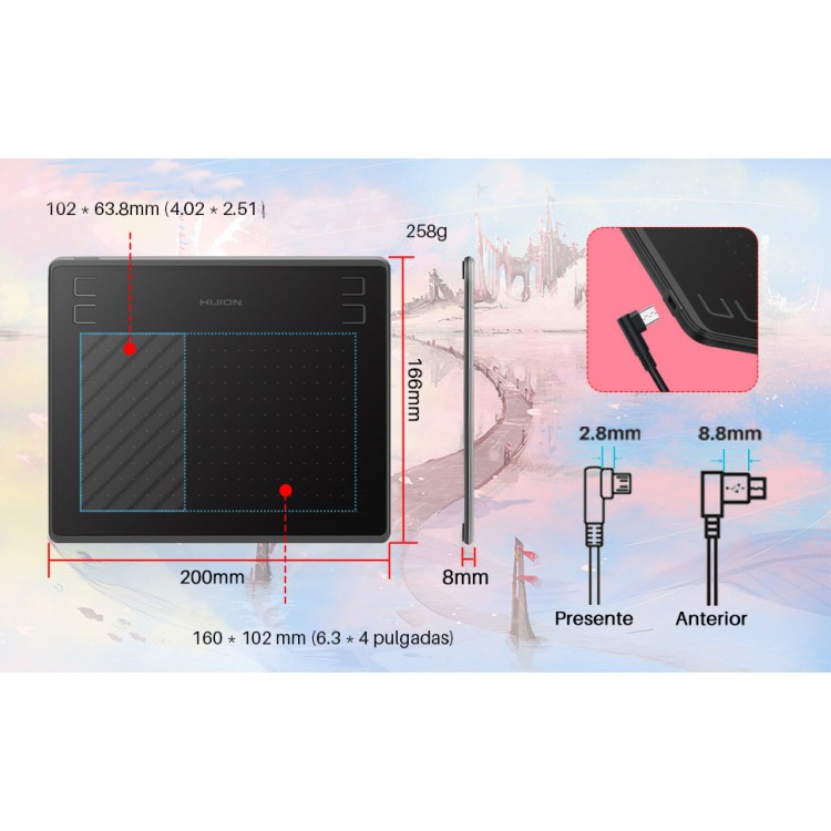 Tableta grafica Huion 6.3x4" compatibila Windows, MacOS si Android, 4 taste rapide, 266 PPS, 8192 niveluri presiune, PW100 Pen fara baterie, include 8 varfuri, semnatura digitala