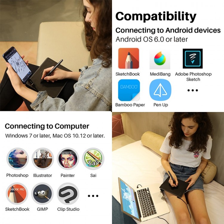 Tableta grafica Huion 6.3x4" compatibila Windows, MacOS si Android, 4 taste rapide, 266 PPS, 8192 niveluri presiune, PW100 Pen fara baterie, include 8 varfuri, semnatura digitala