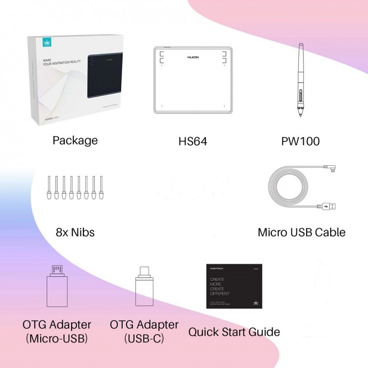 Tableta grafica Huion 6.3x4" compatibila Windows, MacOS si Android, 4 taste rapide, 266 PPS, 8192 niveluri presiune, PW100 Pen fara baterie, include 8 varfuri, semnatura digitala