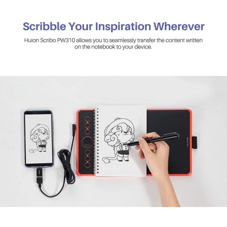 Stilou digital Huion PW 310 Scribo, 8912 niveluri de presiune, negru