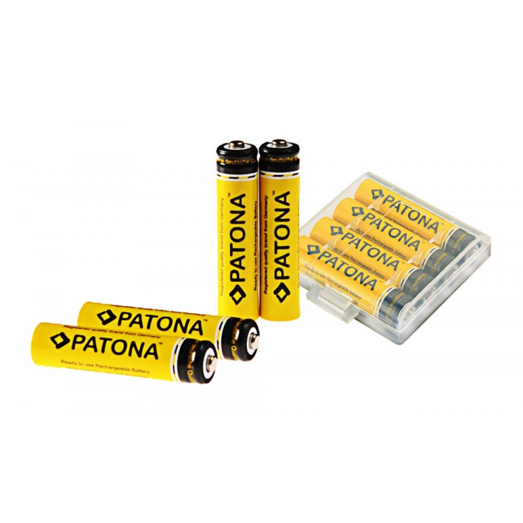 Set 4 bucati, acumulatori AAA Patona, 900 mAh, reincarcabili, descarcare lenta, gata de utilizare, include cutie depozitare