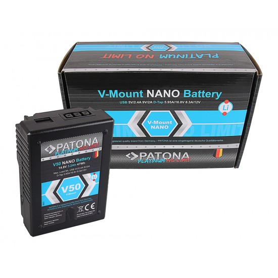 Acumulator Patona Platinum NANO V50 V-Mount 47Wh pentru Sony DSR 600P 650P 652P HDW 800P PDW 850 BP-150w RED ARRI
