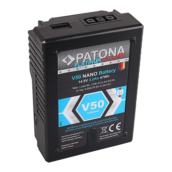 Acumulator Patona Platinum NANO V50 V-Mount 47Wh pentru Sony DSR 600P 650P 652P HDW 800P PDW 850 BP-150w RED ARRI