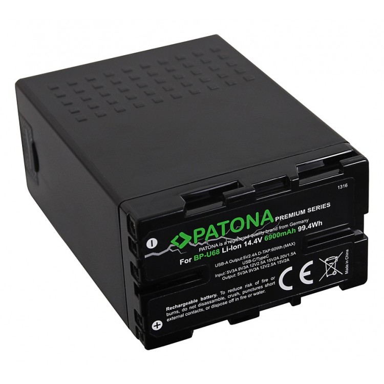 Acumulator Patona Premium BP-U68 BP-U65 BP-U60 pentru Sony PMW-EX1, PMW-EXr1, PMW-EX3, PMW-F3, PMW-F3K, PMW-F3L, PMW-100, PMW-150, PMW - 160, PMW-200, Iesire D-Tap / USB / USB-C, functie Powerbank, include incarcator Power Delivery