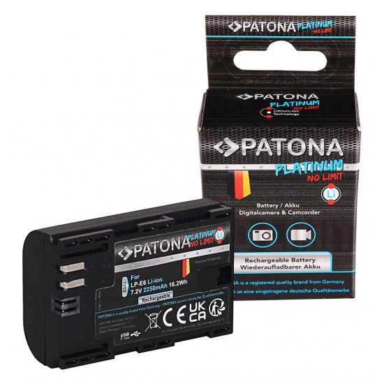 Acumulator Patona Platinum LP-E6, port USB-C , 2250mAh, pentru Canon EOS 60D 70D 80D 5D 6D 7D Blackmagic Pocket Cinema Camera 4K, Blackmagic Pocket Cinema Camera 6K