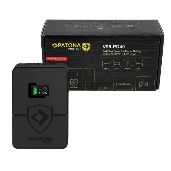 Acumulator Patona Protect V-Mount V95-PD40 f. BP-95W, Iesire D-Tap / USB / USB-C, functie Powerbank, Dysplay OLED, 95Wh