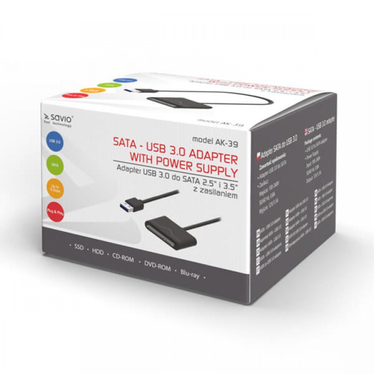 Adaptor Savio AK-39, USB 3.0 la SATA III 5Gb/s 2.5"/3.5" HDD, include alimentator
