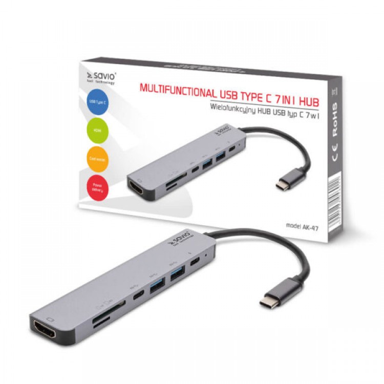 Hub USB Type-C, Multifunctional 7 in 1 Savio AK-47, Carcasa Aluminiu