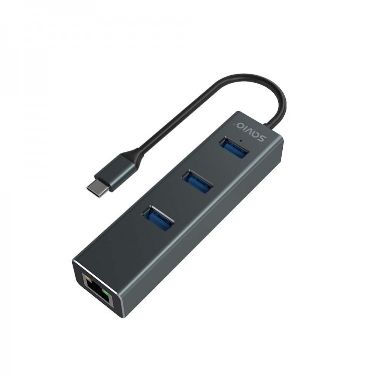 Hub SAVIO AK-57, 3 porturi USB-C 3.1 Gen 1 cu adaptor RJ-45 Gigabit Ethernet