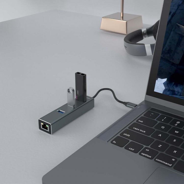 Hub SAVIO AK-57, 3 porturi USB-C 3.1 Gen 1 cu adaptor RJ-45 Gigabit Ethernet