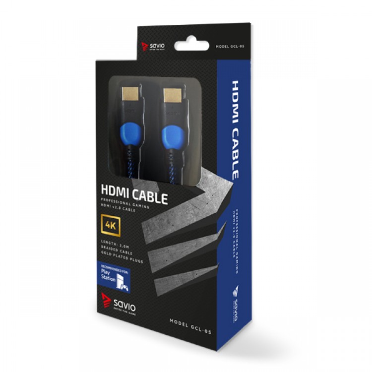 Cablu profesional HDMI 2.0 Savio GCL-05,tesatura nylon, albastru/negru,4K pentru Playstation, 3m