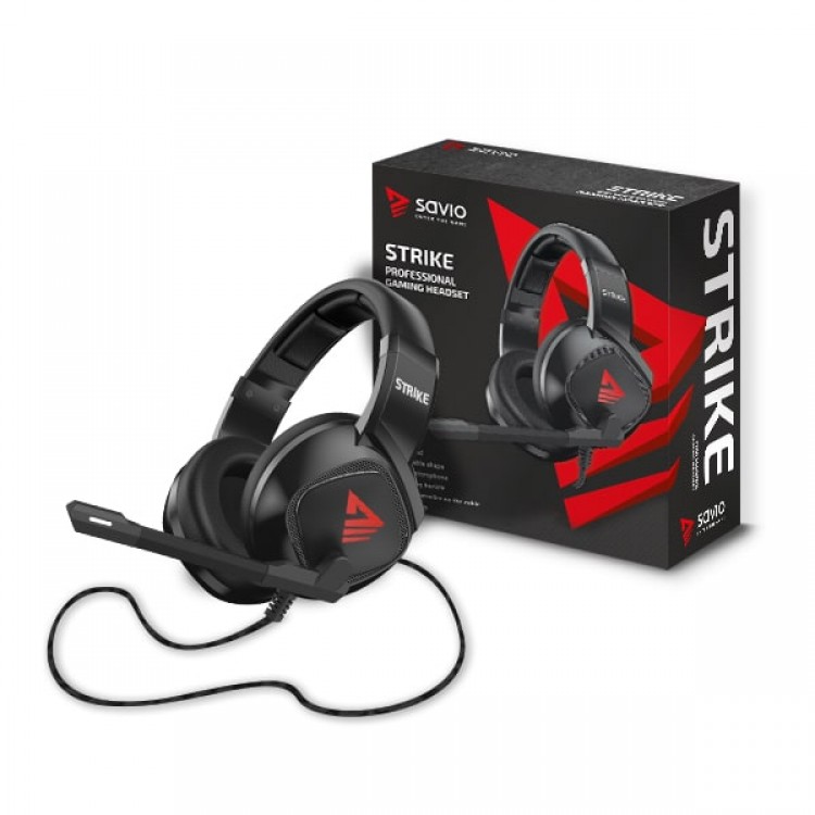 Casti Gaming Profesionale Savio Strike, Clear Sound, telecomanda pe fir, microfon flexibil, iluminare rosie